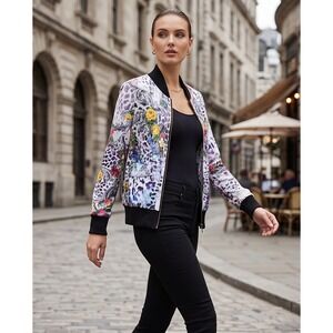 Motive Womens XL Floral Leopard‎ Print Moto Bomber Jacket Zip Mesh Multi Color